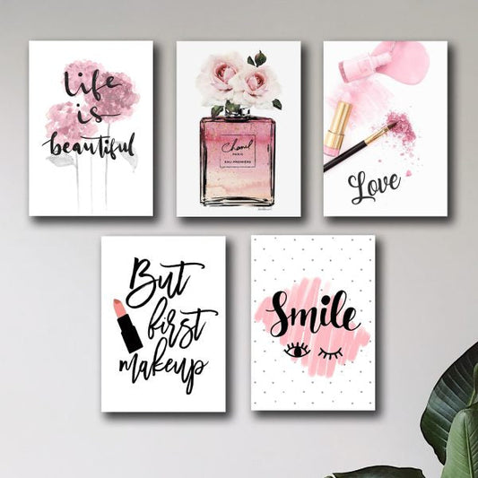 Set of 5 Makeup-Themed Wall Art – Perfect for Girls' Room Decor