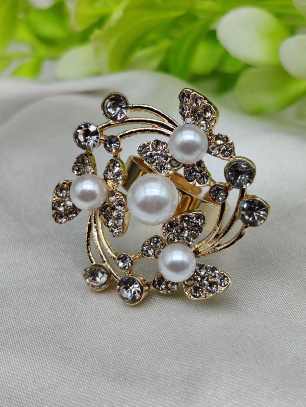Imported adjustable floral pearl ring with crystal accents for elegant wear