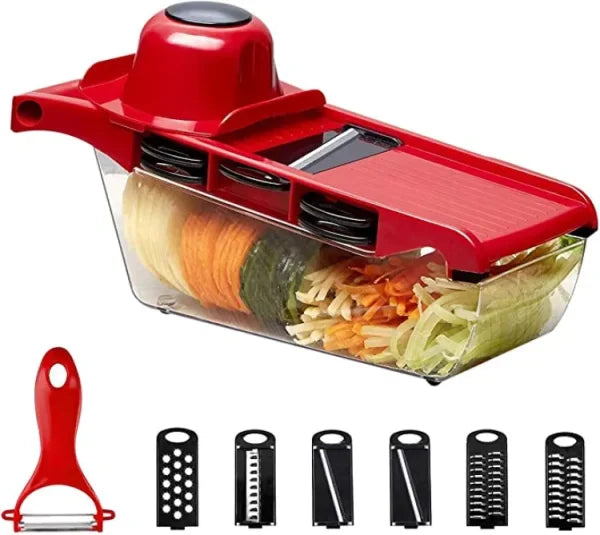 10 in 1 Red Mandolin Slicer Vegetable Cutter with Stainless Steel Blades and Peeler