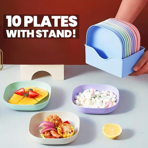 10pcs Elliptical Colorful Plate Set – Microwave Safe Plastic Dinner Plates with Stand for Snacks, Breakfast & More