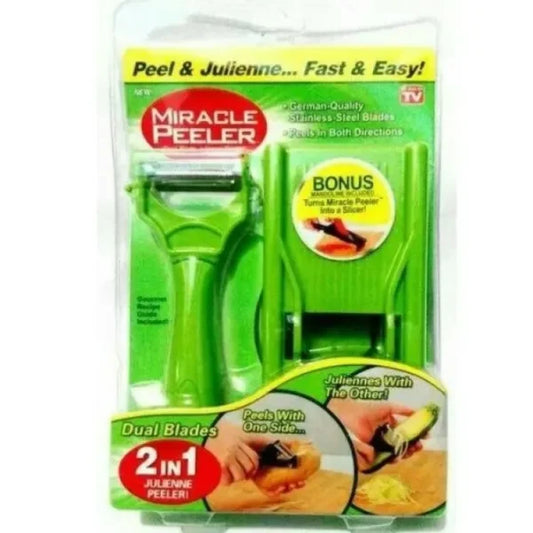 2 in 1 Miracle Peeler Green – Stainless Steel Dual Blade Fruit and Vegetable Skin Remover with Rubber Grip