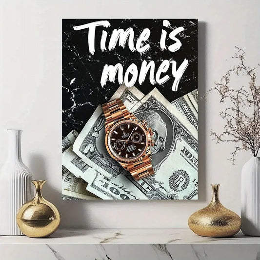 Time is Money Wall Art Frame 8x11 Inch Wooden Sticky Tile Watch and Dollar Design Self-Adhesive Motivational Wall Decor