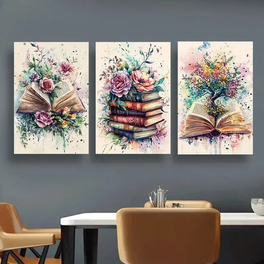 Botanical Books 3-Piece Watercolor Wall Art Set – Wooden Sticky Tile Frames with Book and Floral Designs (8x11 inch)