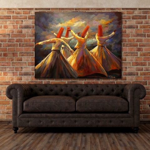 Whirling Dervish Wall Art Painting – Sufi Dance Canvas for spiritual home décor with three Sufi dancers