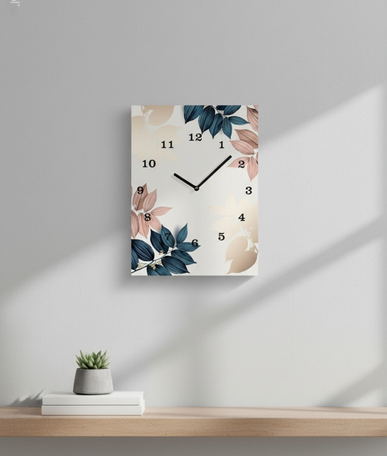 Floral printed wooden wall clock 12x16 inch with blue and pink leaves design for home and office decor in Pakistan