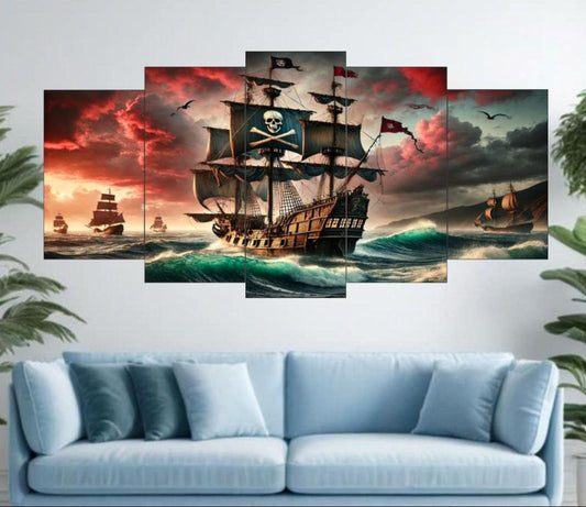 Pirate Ship Ocean Voyage Wall Art Set of 5 Panels – 16x40 Inches Wooden Sticky Tile Frames with Double Tape