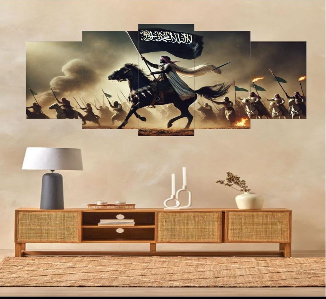 Islamic Warrior Canvas Wall Art Set of 5 Panels – 16x40 Inches Wooden Sticky Tile Frames with Double Tape