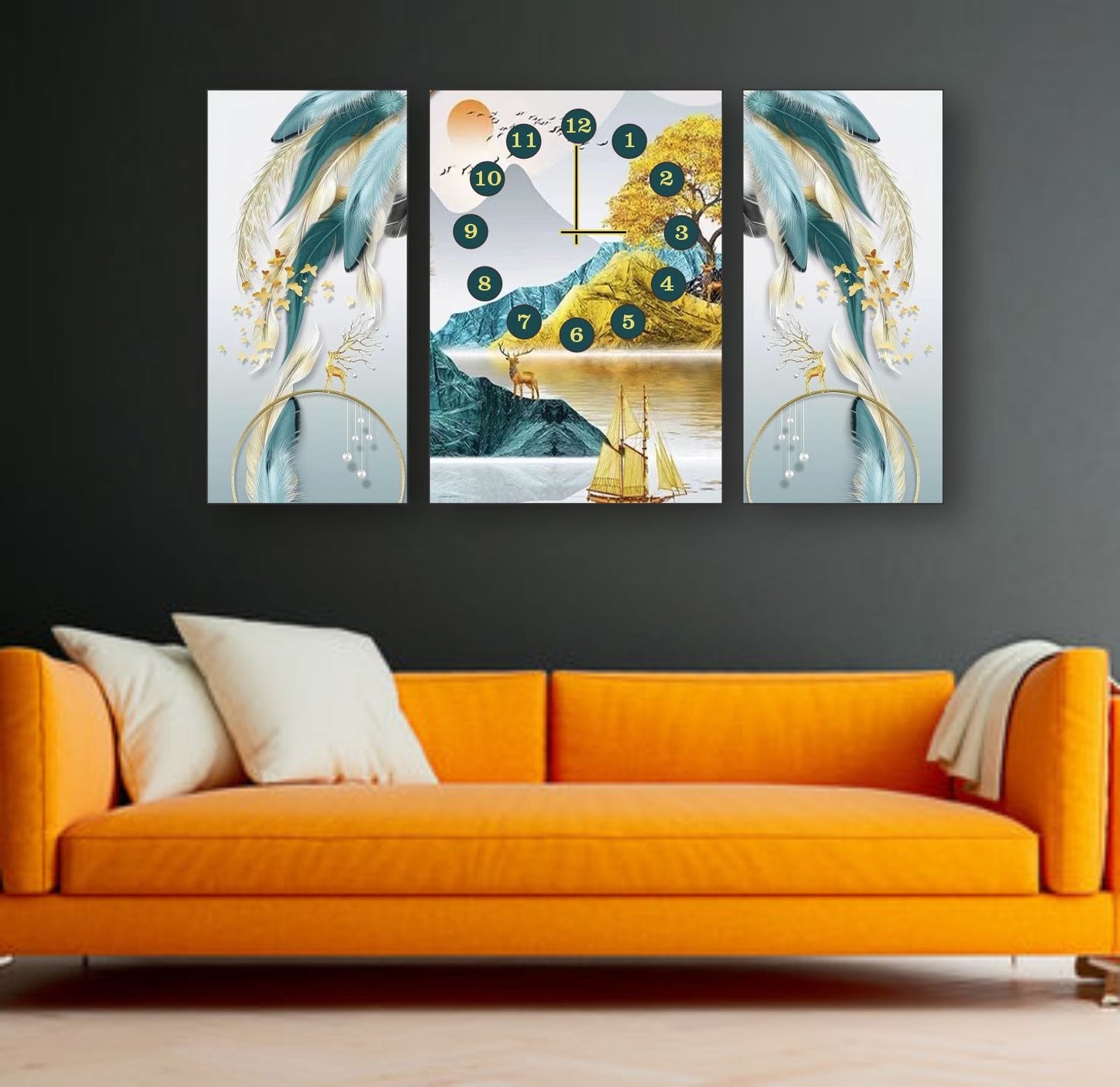 Golden Horizon 3-Piece Wooden Wall Clock Set with Abstract Feather Panels – Elegant Wooden Wall Art for Home and Office