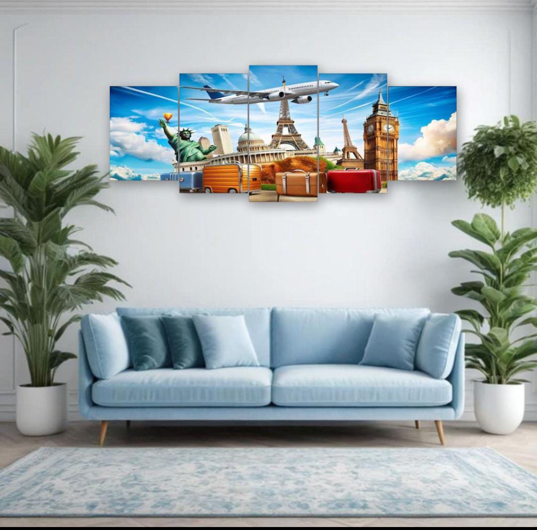 World Travel Landmarks 5-Piece Canvas Wall Art featuring Eiffel Tower, Big Ben, and Statue of Liberty – Wooden Sticky Tile Frames with Double Tape