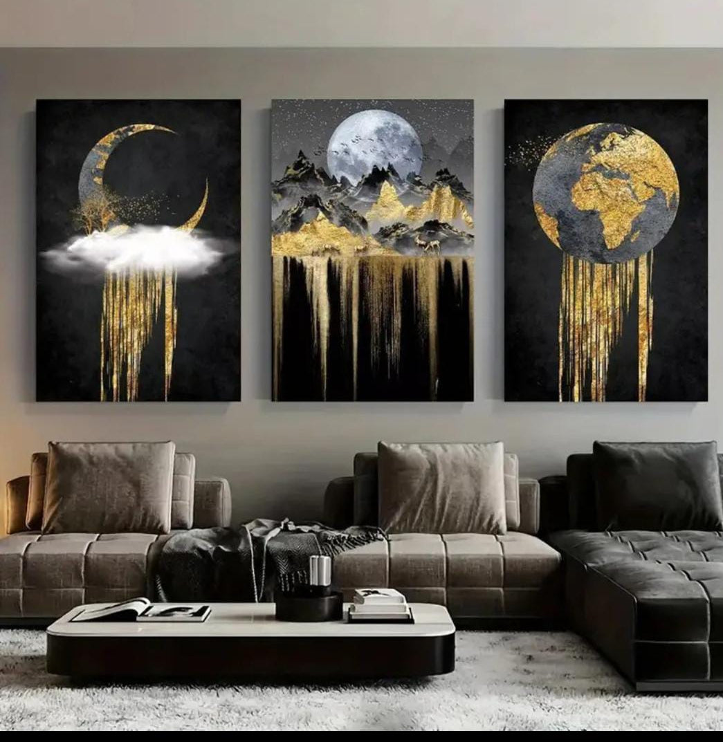 Set of 3 Black and Gold Wooden StickyTile Frames – Moon, Mountains and Globe Wall Art 8x11 Inches with Double Tape