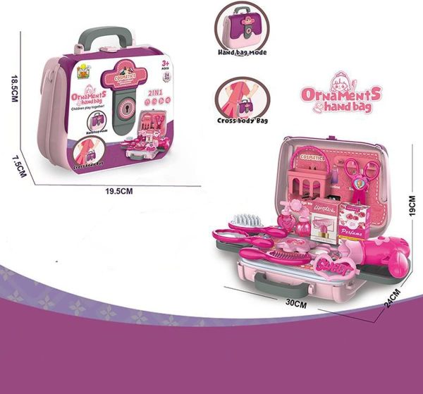 "24-piece girls beauty salon makeup toy set with comb, mirror, toy hairdryer and portable pink case for pretend play"