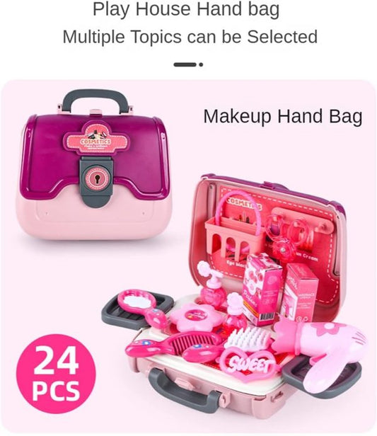 "24-piece girls beauty salon makeup toy set with comb, mirror, toy hairdryer and portable pink case for pretend play"