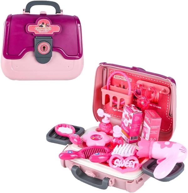 "24-piece girls beauty salon makeup toy set with comb, mirror, toy hairdryer and portable pink case for pretend play"