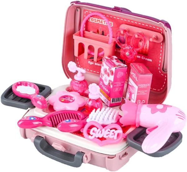 "24-piece girls beauty salon makeup toy set with comb, mirror, toy hairdryer and portable pink case for pretend play"
