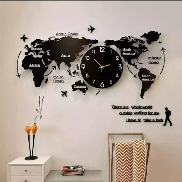 3D Digital World Map Wooden Wall Clock 24x24 Inches for Home and Office Decoration