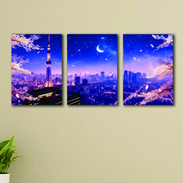 3-Piece Blue City Wall Art Sticky Phototile Frames – 8x11 Inch Laminated Wooden Panels for Home Décor