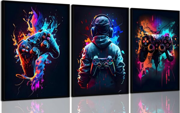 3pcs Neon Gaming Wall Art – Retro Video Game Posters with Gamepad Designs for Gamer Room Decor