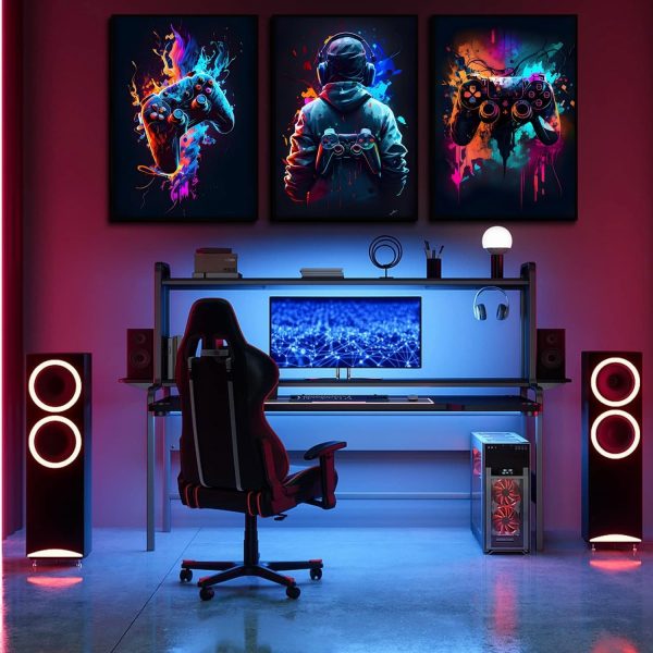3pcs Neon Gaming Wall Art – Retro Video Game Posters with Gamepad Designs for Gamer Room Decor
