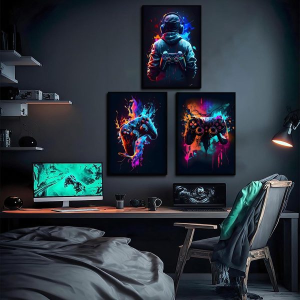 3pcs Neon Gaming Wall Art – Retro Video Game Posters with Gamepad Designs for Gamer Room Decor