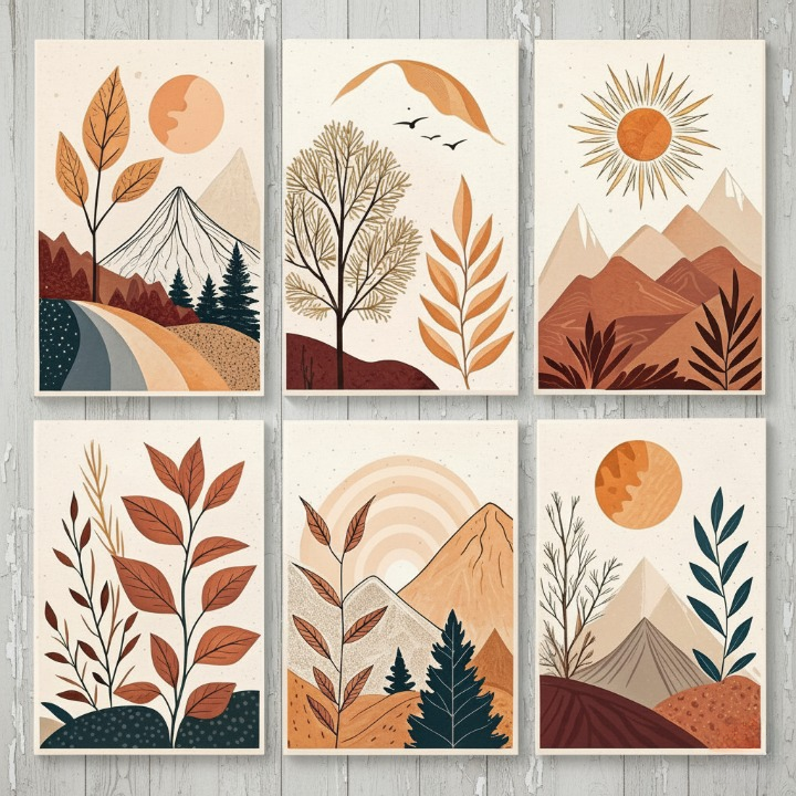 Hills Moon Sun Leaves Wooden Wall Art – 6 Piece Decorative Frame Set, 8x11 inches, easy mounting with double tape