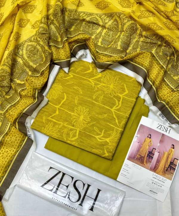 Zesh 3 Piece Unstitched Lawn Suit – Summer 2025 Drop 27 by Zaman Textile – Digital Printed Lawn Shirt, Dupatta, and Dyed Trouser