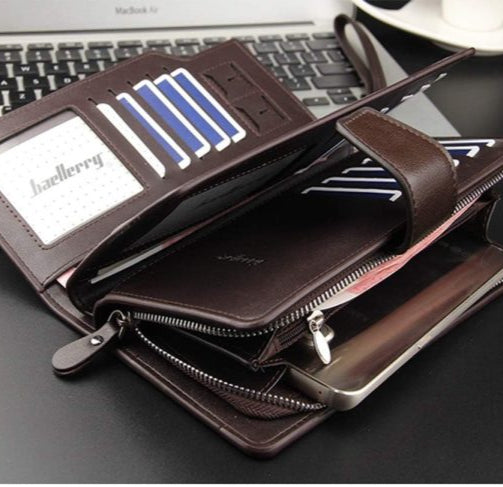 Baellerry men’s leather long wallet in black with 23 card slots and coin purse