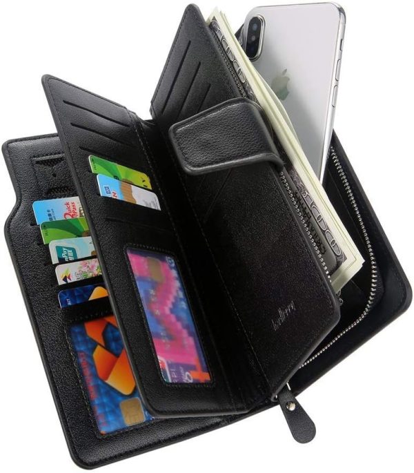 Baellerry men’s leather long wallet in black with 23 card slots and coin purse