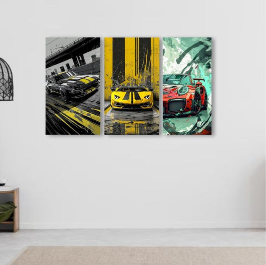 Set of 3 Cars Art Wooden Frames Sticky Photo Tiles for Room Decoration