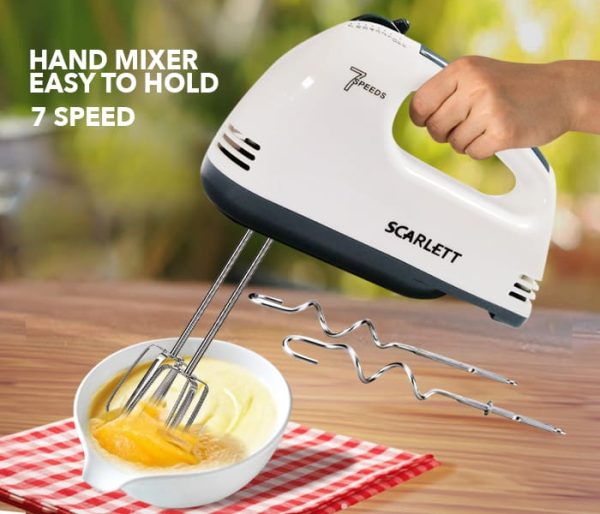 Scarlett 7-Speed Electric Hand Mixer with Stainless Steel Whisks and Dough Hooks – Compact Food Blender for Baking and Cooking