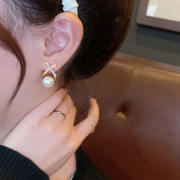 Elegant Golden Cross Pearl Zircon Stud Earrings – Artificial Fashion Jewelry for Women in Pakistan