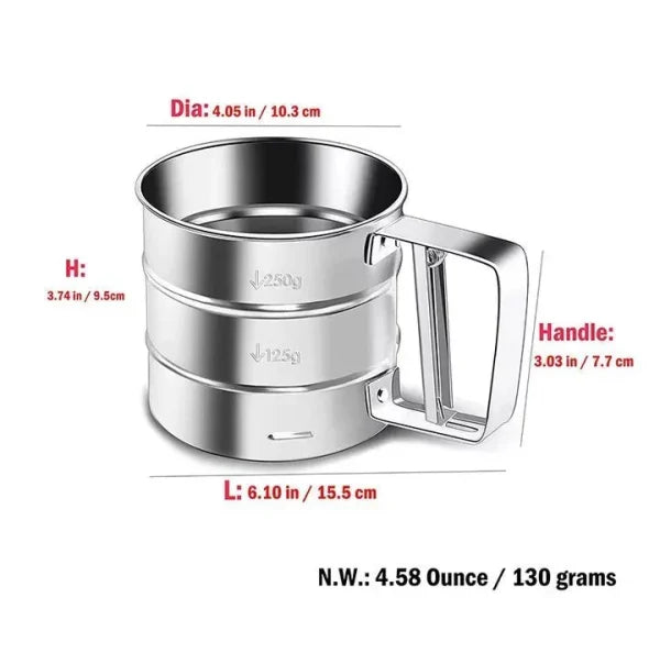 Stainless Steel Flour Sifter Cup with Double Layer Mesh and One-Hand Crank for Baking
