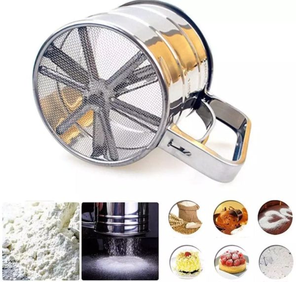 Stainless Steel Flour Sifter Cup with Double Layer Mesh and One-Hand Crank for Baking