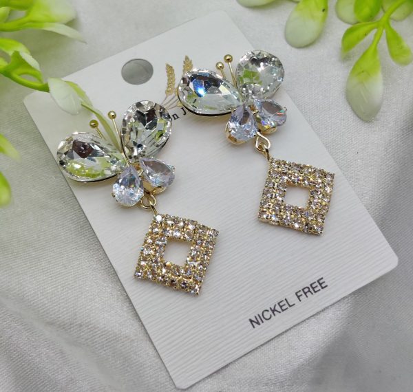 Butterfly and diamond drop earrings with crystal sparkle – nickel-free elegant earrings for women