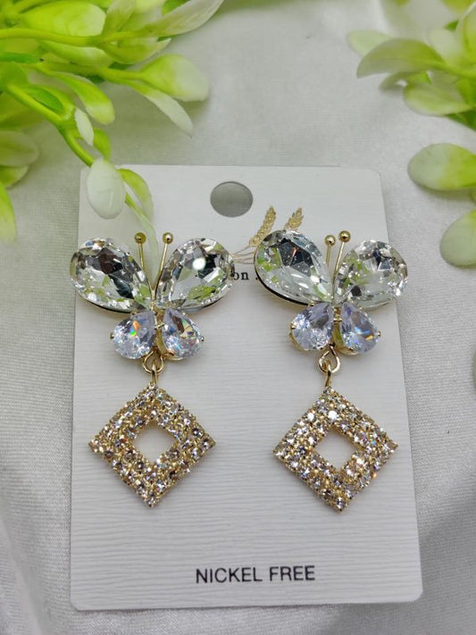 Butterfly and diamond drop earrings with crystal sparkle – nickel-free elegant earrings for women