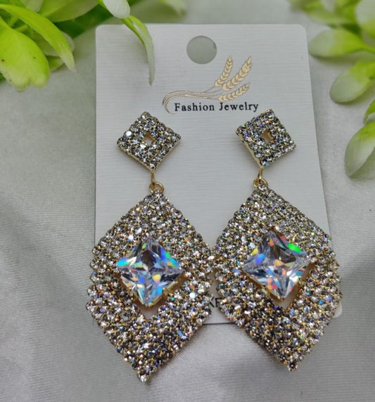 Gold geometric crystal drop earrings – nickel‑free, square‑cut centerpiece for women