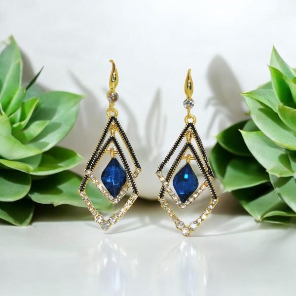 Dazzling Sapphire Geometric Drop Earrings with Blue Crystal and Gold Detailing β Elegant Statement Jewelry