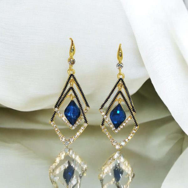Dazzling Sapphire Geometric Drop Earrings with Blue Crystal and Gold Detailing β Elegant Statement Jewelry