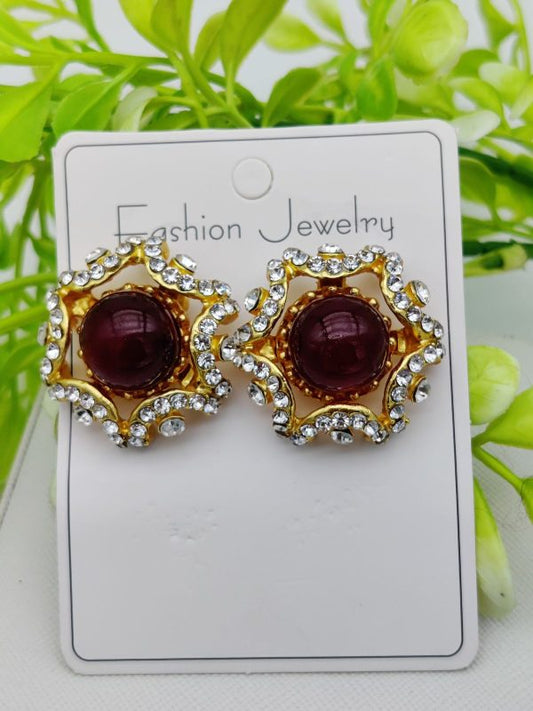 Dual-Toned Rhinestone Stud Earrings in Royal Purple and Ruby Red – Elegant Gold Base Jewelry for Girls and Women