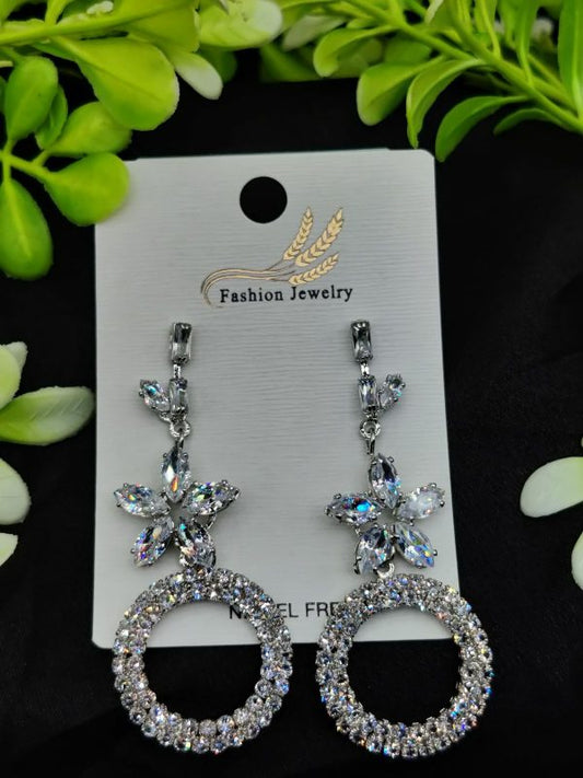 Crystal drop earrings with flower stud and circular crystal drop