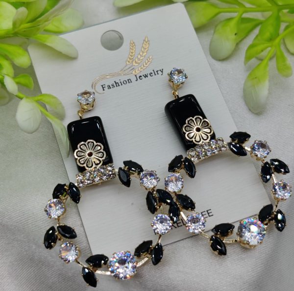 Imported Elegant Floral Hoop Earrings with Black and Crystal Accents – Lightweight Nickel-Free Earrings for Girls & Women