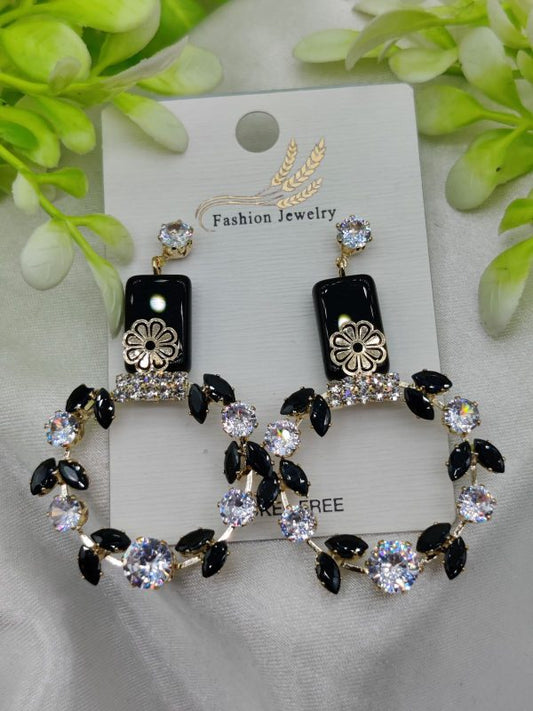 Imported Elegant Floral Hoop Earrings with Black and Crystal Accents – Lightweight Nickel-Free Earrings for Girls & Women