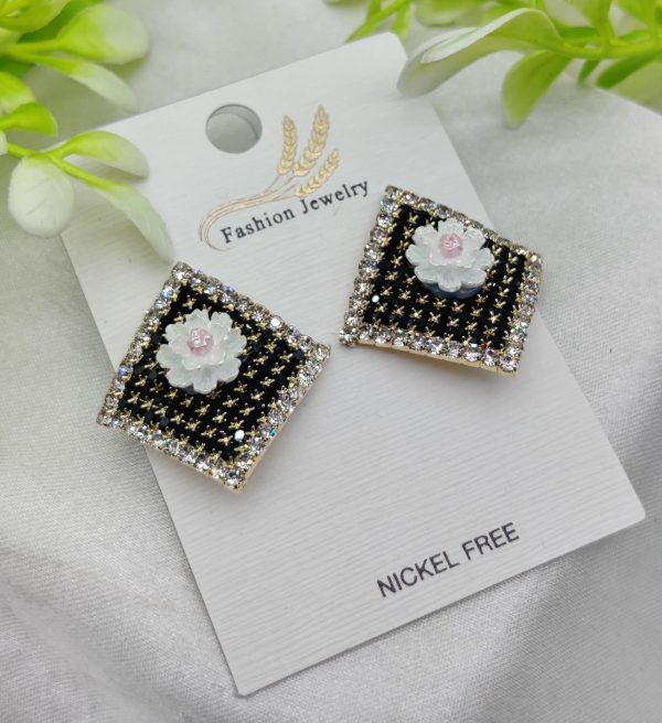 Imported Elegant Floral Stud Earrings with Rhinestone Border – Nickel-Free