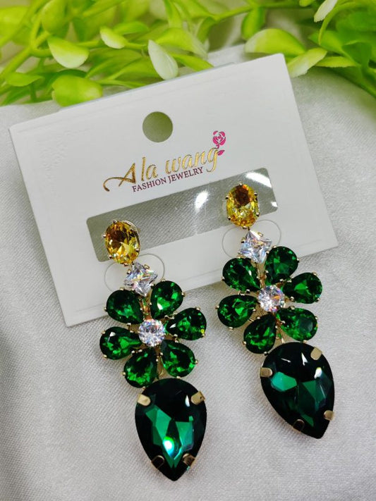 Emerald Radiance Floral Drop Earrings – Green Teardrop and Crystal Design for Women