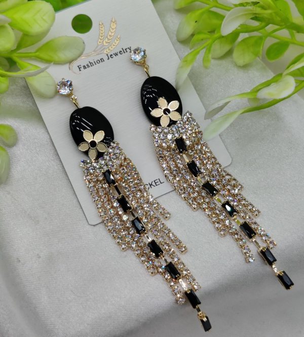 Imported Glamorous Long Tassel Earrings with Black and Crystal – Elegant Statement Earrings for Women and Girls