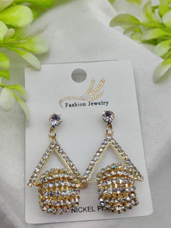 Imported Glamorous Triangle Drop Earrings with Rhinestone Accents – Nickel Free