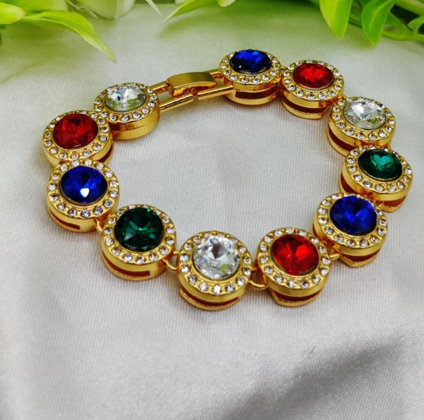 Adjustable imported bracelet with multicolored gemstones and halo accents