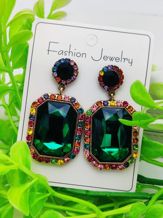 Emerald green gemstone earrings with rainbow crystal halo – luxury fashion accessory for girls and women