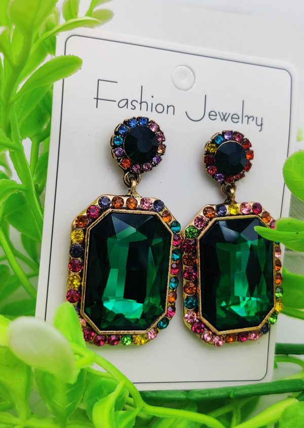 Emerald green gemstone earrings with rainbow crystal halo – luxury fashion accessory for girls and women