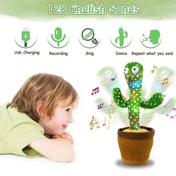 dancing cactus toy for kids singing and talking rechargeable plush – front view with a kid