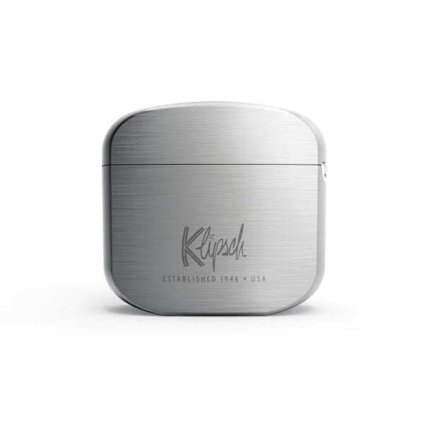Klipsch T5 True Wireless Earphones with silver charging case and black earbuds – premium Bluetooth audio